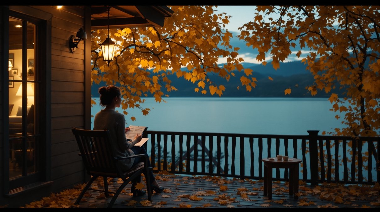 湖畔的三封信 剧照背景:她每年回湖畔一次,读一封他留下的信,第三年,他在信里说「我回来了」。